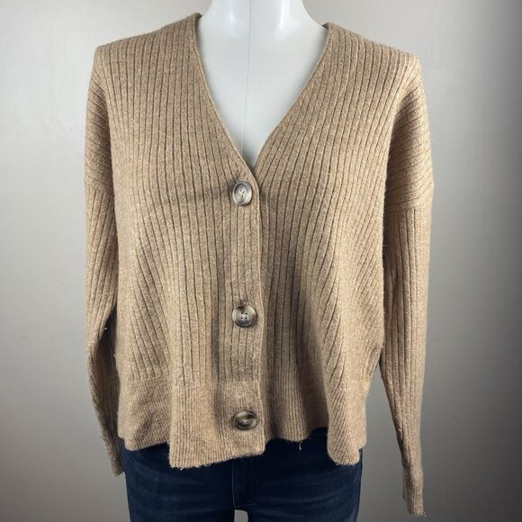 Madewell Cameron Ribbed Cardigan Sweater Tan Preppy Cozy  sz Small Wool Blend - Picture 2 of 9